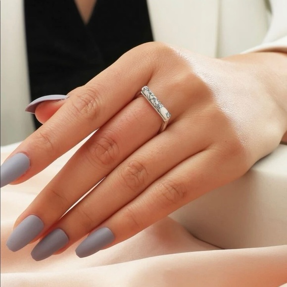 White Marble Bar Silver Stackable Ring - Picture 1 of 11